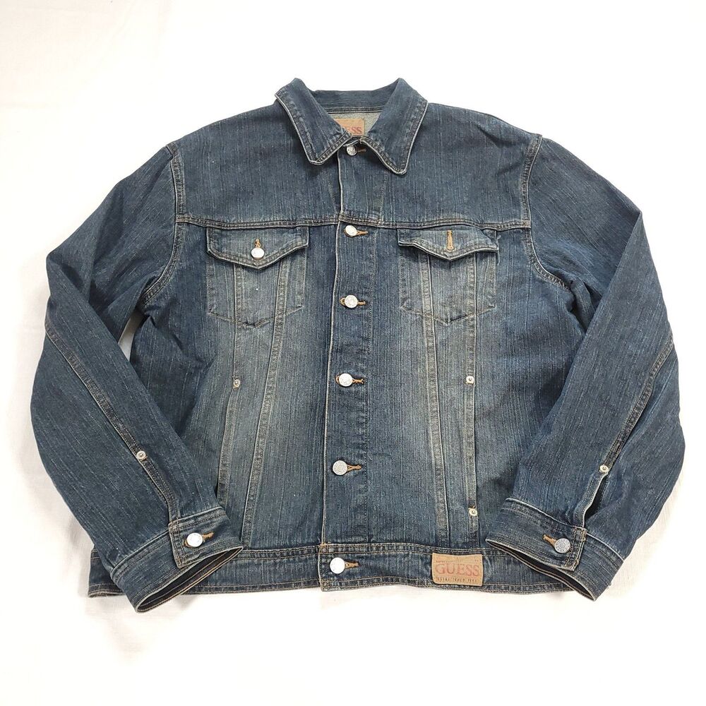 90s Y2K denim trucker jacket‎ Guess L double breasted cotton mexico vtg country